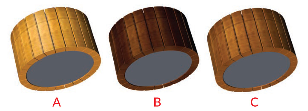 3. ábra. A kommutátor túl világos (A), túl sötét (B) és ideális (patinás) színe (C)