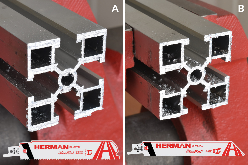 3. ábra. Az alumíniumprofil vágási felülete szablyafűrésszel történő vágáskor. RX-41F SteelCut fűrészlap (A) és RX-61F SteelCut fűrészlap (B)