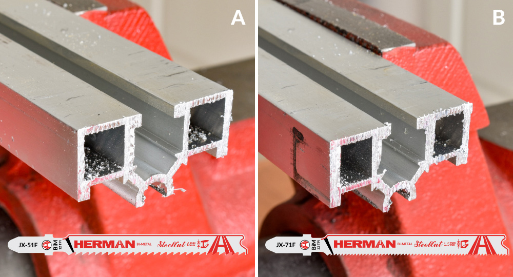 4. ábra. Az alumíniumprofil vágási felülete szúrófűrésszel történő vágáskor. JX-51F fűrészlap (A) és JX-71F fűrészlap (B)